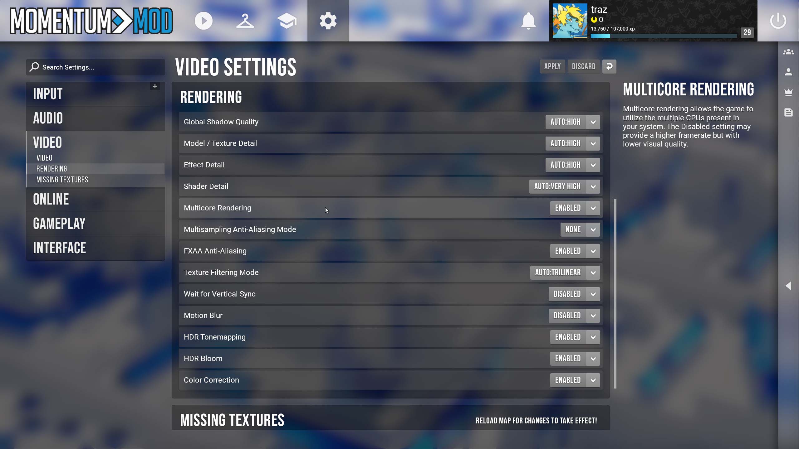 Momentum Mod's new in-game UI displaying the settings