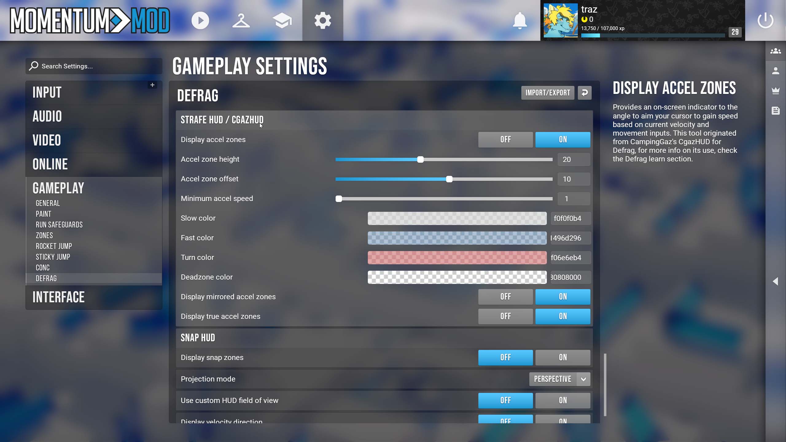 Momentum Mod's new in-game UI displaying the settings