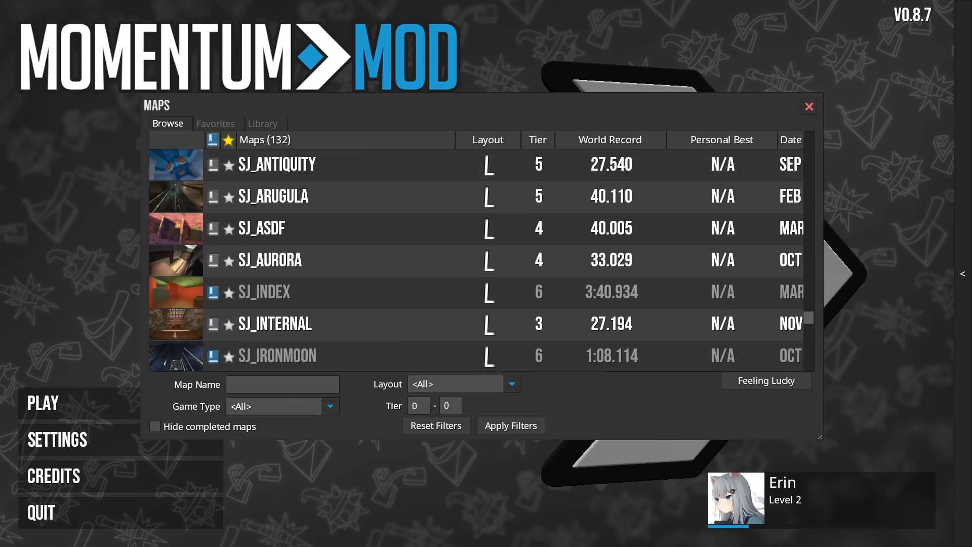 An old vgui in-game screenshot of Momentum Mod